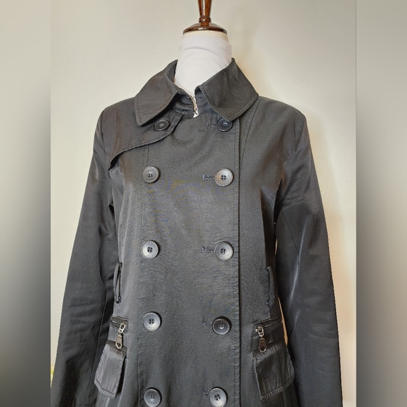Dkny Black Trench Coat Classic Tailored Design Double Breasted Military Zippers - Picture 6 of 16